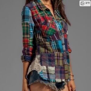 Free People We The Free Lost In Plaid Patchwork Flannel Top Size XS